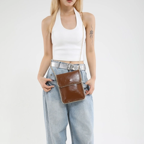 Women PU Leather Cell Phone Crossbody Bag With Golden Chain Decoration And Braided Edge Vertical Mini Square Shoulder Bag