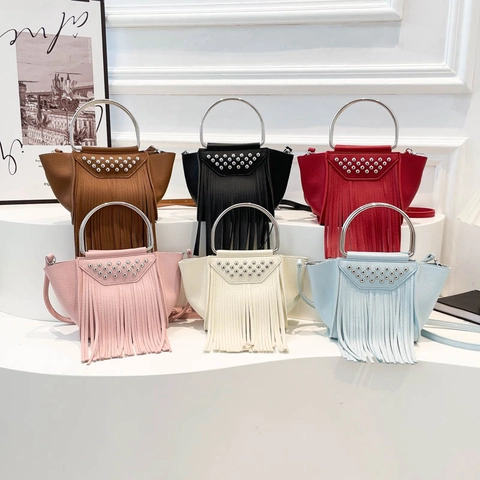 Women Handbag PU Leather Lychee Pattern Rivet Long Tassel Metal Ring Grip Crossbody Shoulder Bag Boho Style Trendy