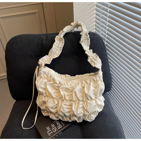 Bolso de Hombro Cloud de Tela Plisada de Gran Capacidad Casual de Axila Viaje Yoga Gimnasio Bolso para Mujer Color Sólido Ruffle Tote