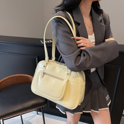 Japanese Style JK School Tote Bag Glossy PU Leather Large Capacity Shoulder Bag Commuting Handbag For Women Minimalist