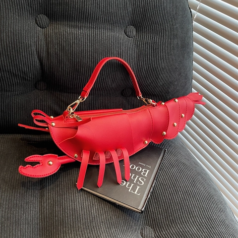 Creative Lobster Shape Crossbody Bag PU Leather Rivet Decorative Novelty Shoulder Bag Funny Niche Design For Women