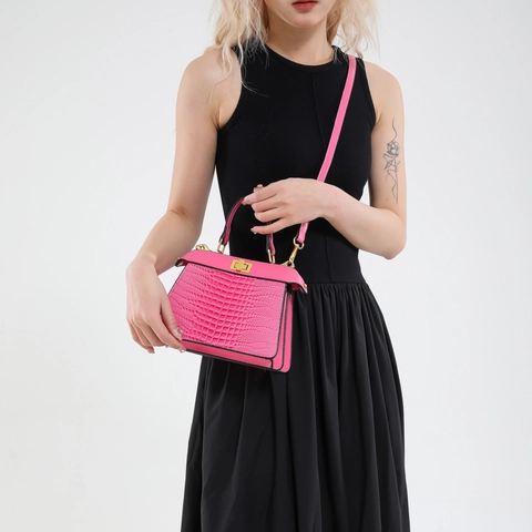 Women Handbag Crocodile Embossed PU Leather Crossbody Bag Gold Turn Lock Top Handle Shoulder Purse Office Niche Design