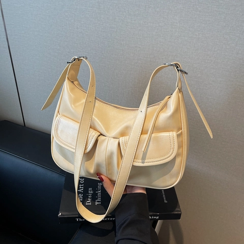 Femmes Sac À Bandoulière En Cuir PU Plissé Vintage Navette Multi Poche Bandoulière Réglable Fermeture Éclair Hobo