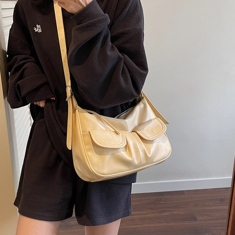 Femmes Sac À Bandoulière En Cuir PU Plissé Vintage Navette Multi Poche Bandoulière Réglable Fermeture Éclair Hobo