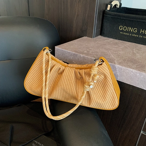 Woven Ruched Dumpling Underarm Bag Pleated Cloud Shoulder Handbag With Rope Knot Strap Retro Minimalist For Women