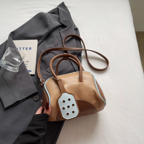 Women Japanese Style PU Leather Boston Handbag Contrast Color Commuting Shoulder Crossbody Bag With Paddle Charm