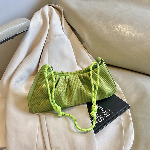 Woven Ruched Dumpling Underarm Bag Pleated Cloud Shoulder Handbag With Rope Knot Strap Retro Minimalist For Women