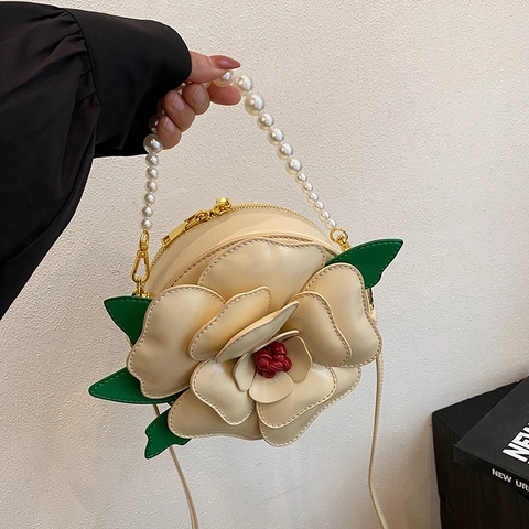 Floral Camellia Shaped Crossbody Bag With Artificial Pearl Handle Elegant PU Leather Evening Handbag For Women Niche Design