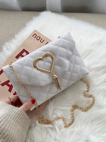 Sac À Épaule Matelassé Femmes Simili Cuir Motifs Losanges Fermoir Coeur Gland Chaîne Dorée Bandoulière Mode