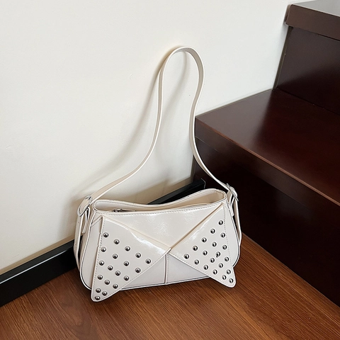 Women Shoulder Bag PU Leather Metal Rivets Geometric Flap Punk Y2K Crossbody Handbag Commute Street Style