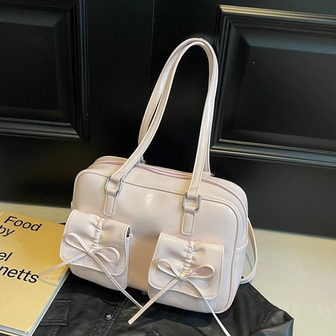 Sac À Épaule En Cuir PU Brillant Grand Cabas Avec Doubles Poches À Nœud Style Japonais Sac À Main Mignon Pour Femmes