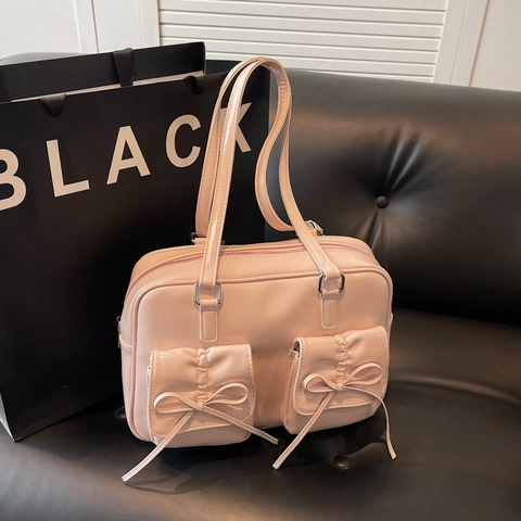 Sac À Épaule En Cuir PU Brillant Grand Cabas Avec Doubles Poches À Nœud Style Japonais Sac À Main Mignon Pour Femmes