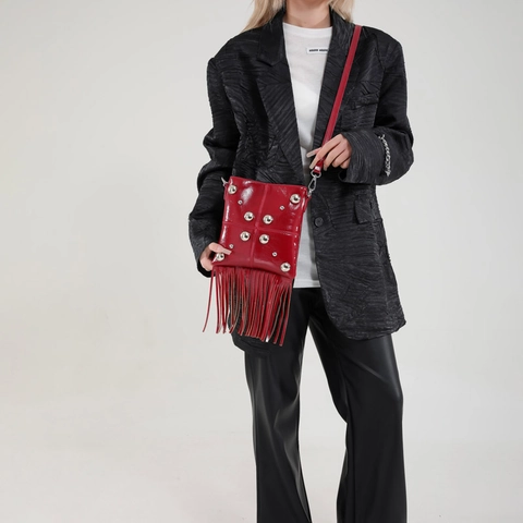 Vintage Rivet Fringe Crossbody Bag Women PU Leather Tassel Shoulder Bag Retro Motorcycle Square Messenger Bag
