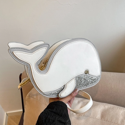 Simpatica Borsa A Tracolla A Forma Di Balena Pelle PU Paillettes Cartone Animato Creativo Per Donne Ragazze Con Catena