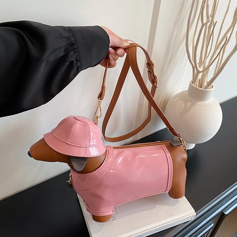 Creative Cute Dachshund Dog Shaped Crossbody Bag For Women PU Leather Patchwork Patent Leather Shoulder Purse
