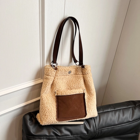 Grote Capaciteit Tote Bag Met Lamswol Trim Synthetisch Suede Splicing Winter Schoudertas Retro Forensstijl Voor Vrouwen