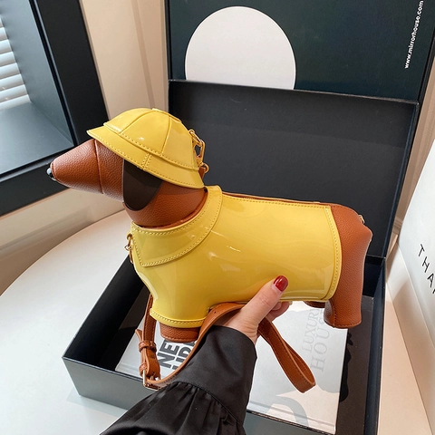 Creative Cute Dachshund Dog Shaped Crossbody Bag For Women PU Leather Patchwork Patent Leather Shoulder Purse