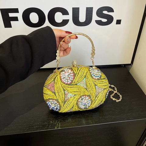 Borsa Da Sera Vintage Da Donna Paillettes Ricamo Con Perline Guscio Rigido Ovale Manico Anello Metallo Catena Banchetto