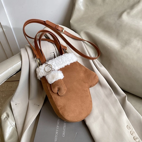 Creative Glove Mitten Shape Women Bag Suede Faux Sherpa Trim Shoulder Crossbody Handbag Winter Cute Novelty Satchel