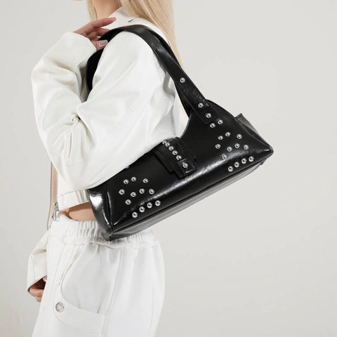 Women PU Leather Underarm Shoulder Bag With Silver Metal Rivets Punk Style Dumpling Baguette Handbag Commuting
