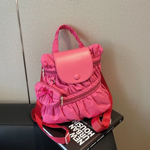 Zaino Di Moda Nylon Arricciato Patta Zainetto Casual Con Mini Pochette Coordinata Per Donne Street Style