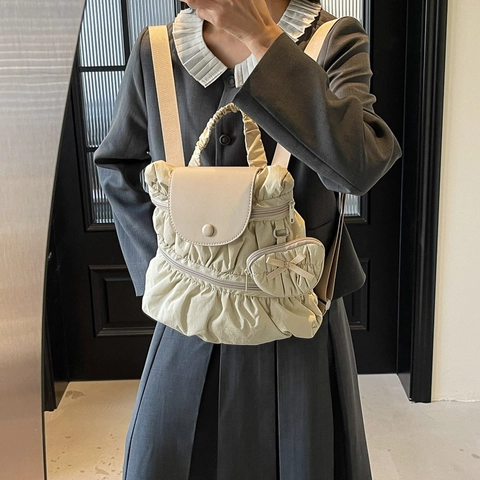 Zaino Di Moda Nylon Arricciato Patta Zainetto Casual Con Mini Pochette Coordinata Per Donne Street Style
