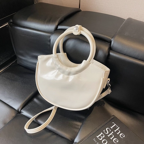 Borsa Mezzaluna Donna Pelle PU Manico Rotondo Borsa A Spalla Tracolla Moda Coreana Minimalista Colore Solido Borsa A Mezzaluna