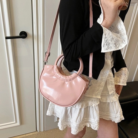 Borsa Mezzaluna Donna Pelle PU Manico Rotondo Borsa A Spalla Tracolla Moda Coreana Minimalista Colore Solido Borsa A Mezzaluna