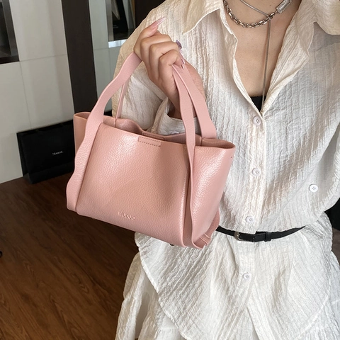 Women Litchi Grain PU Leather Handbag Wavy Edge Tote Crossbody Bag Casual Commute Small Basket Shape Pleated Design