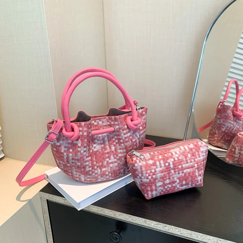 Borsa A Secchiello Trama Intrecciata Manico Tondo Borsa A Tracolla Con Pochette Coordinata Tracolla Regolabile Moda Donne
