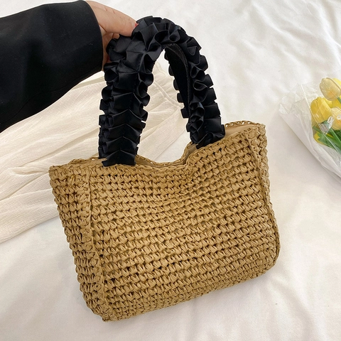 Handmade Woven Straw Tote Bag With Black Satin Ruffled Handle Summer Beach Vacation Casual Handbag For Women
