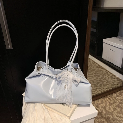 Grand Sac Fourre-Tout Pour Femmes Cuir PU Brillant Vintage Sac À Bandoulière Avec Nœud En Dentelle Künstliche Perle