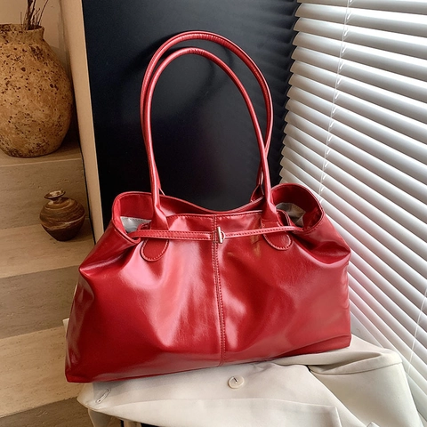 Grand Sac Fourre-Tout Pour Femmes Cuir PU Brillant Vintage Sac À Bandoulière Avec Nœud En Dentelle Künstliche Perle