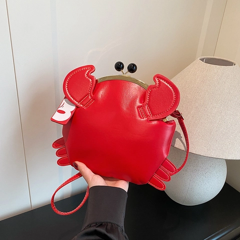 Novelty Crab Shaped PU Leather Crossbody Bag Metal Kiss Clasp Cartoon Small Shoulder Purse For Women Girls