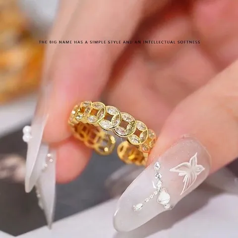 Women Copper Coin Adjustable Open Ring With Sparkling Zircon Inlay Retro Hollow Geometric Style Elegant Jewelry Gift