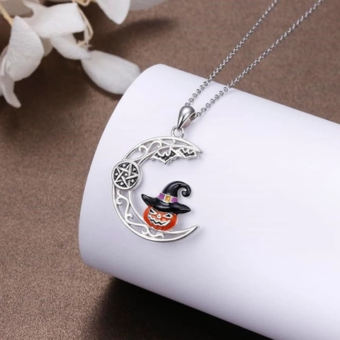 Halloween Pendant Necklace Copper Enamel Crescent Moon Pumpkin Witch Hat Bats Hollow Out Jewelry For Women