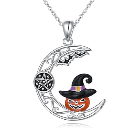 Halloween Pendant Necklace Copper Enamel Crescent Moon Pumpkin Witch Hat Bats Hollow Out Jewelry For Women