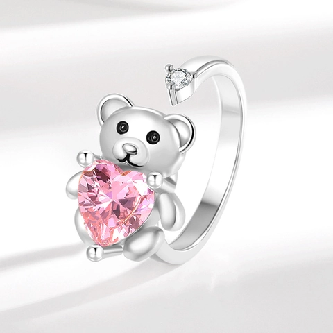 Rotating Bear Ring Copper With Pink Heart Zircon Spinner Fidget Anti Anxiety Adjustable Fashion Jewelry For Women