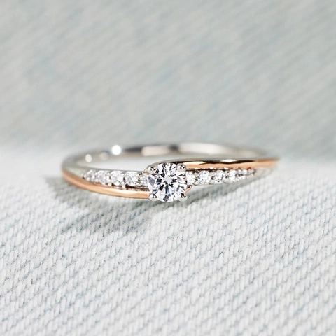Two-Tone Copper Cubic Zirconia Ring For Women Round Brilliant Cut CZ Geometric Micro-pave Adjustable Fashion Jewelry