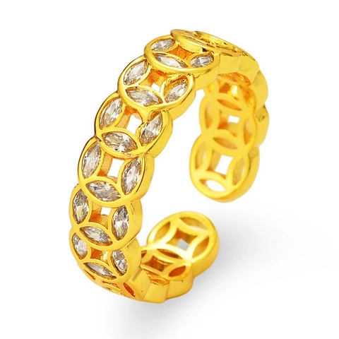 Women Copper Coin Adjustable Open Ring With Sparkling Zircon Inlay Retro Hollow Geometric Style Elegant Jewelry Gift