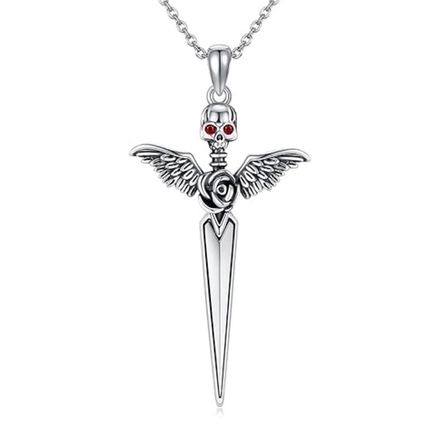 Collana Con Pendente Teschio Gotico Ali Di Pipistrello Rame Con Occhi In Zircone Rosso Rosa Spada Gioielli Punk