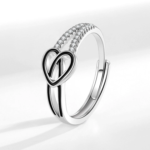 Double Heart Knot Ring Copper Zircon Black Enamel Adjustable Open Finger Jewelry Women Fashion Elegant Minimalist Gift
