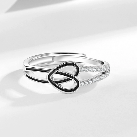 Double Heart Knot Ring Copper Zircon Black Enamel Adjustable Open Finger Jewelry Women Fashion Elegant Minimalist Gift