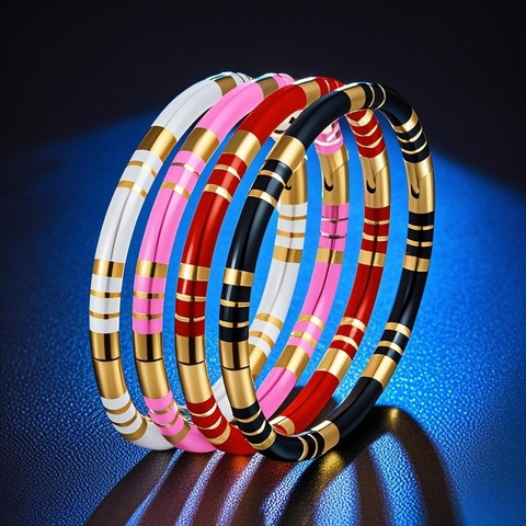 Kontrastfarbe Handgefertigter Emaille Armreif Für Damen Edelstahl Geometrisch Gestreift Offener Armband Minimalistischer Schmuck Geschenk