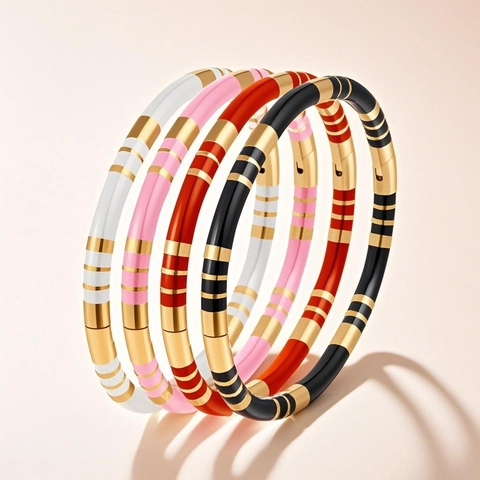 Brazalete De Acero Inoxidable Color En contraste Esmalte Chapado En Oro Geométrico Rayas Joyería Minimalista Para Mujer Impermeable