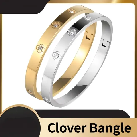 Bracciale Rigido In Acciaio Inossidabile Da Donna Quadrifoglio Fiore Zirconia Cerniera Oro 18K Gioielli Eleganti