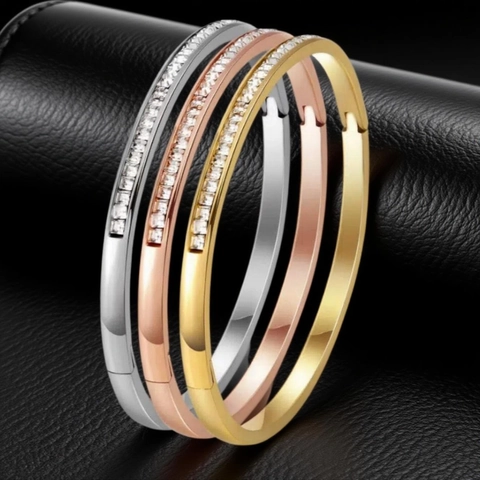 Brazalete De Acero Inoxidable Para Mujer Con Circonita Cúbica Rectangular Pavimentada Medio Círculo Joyería Elegante