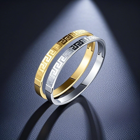 Stainless Steel Greek Key Bangle Bracelet Meander Pattern Hinge Buckle Trendy Vintage Fashion Jewelry For Women Men