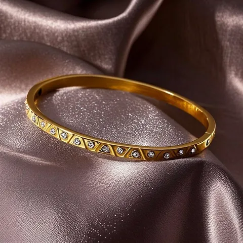 Brazalete Acero Inoxidable Pedrería Rombos Geométricos Hebilla Bisagra Joyería Moda Lujo Para Mujeres