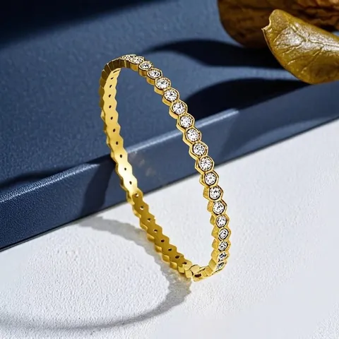 Bracciale Rigido Geometrico Esagonale A Nido D'Ape In Acciaio Inossidabile Con Strass Placcato Oro Da Donna